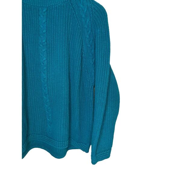 VTG Teal Fisherman's Sweater Joan Harper Cotton Mock Turtleneck Cable Knit Warm - Picture 3 of 7